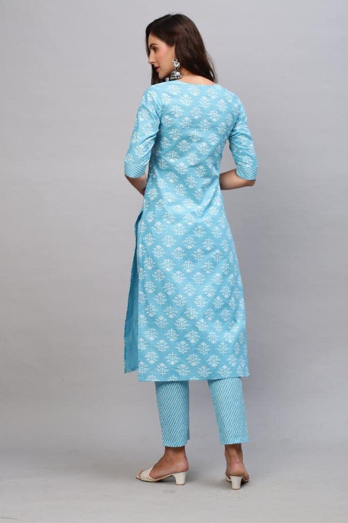 Gosriki Women'S Cotton Blend Printed Straight Kurta With Pant (Kidya Blue-Nwfb08-Gs_M_Blue_Medium),Blue,,B0BTJ69V3Z