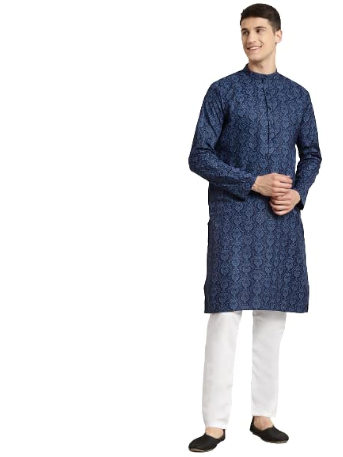 Sojanya (Since 1958 Men'S Cotton Blend Navy Blue & Black Printed Kurta & White Churidar Pyjama Set