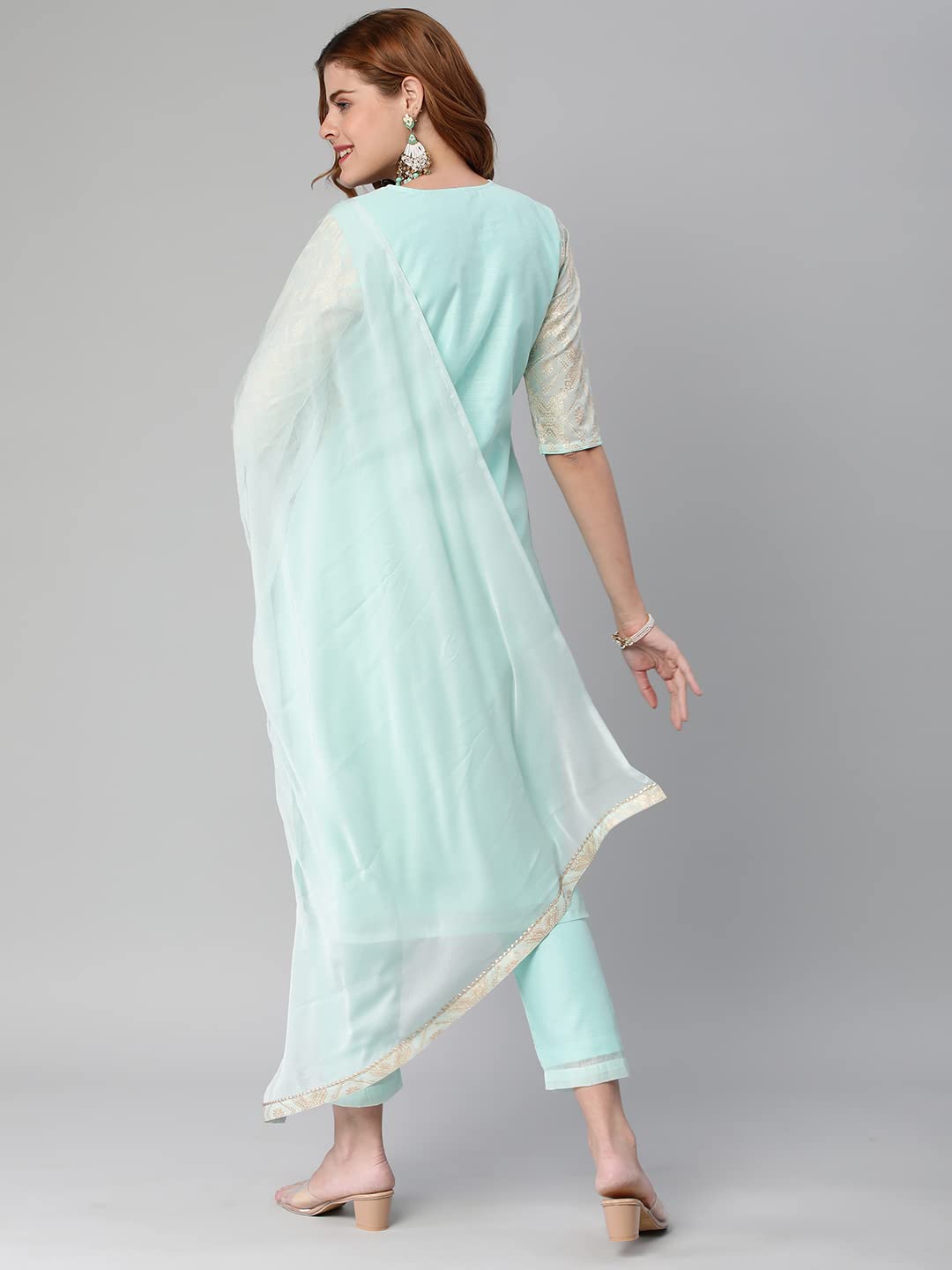 Anni Designer Women'S Banarasi Woven Straight Embellished Printed Kurta With Pant & Dupatta (Kabzaa-Cyan-Nw_L_Cyan_Large),Cyan,L,Banarasi Woven,Regular,