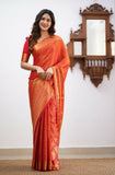 Flosive Womens Kanjivaram Silk Saree With Handloom Weaving Work With Blouse (Orange)