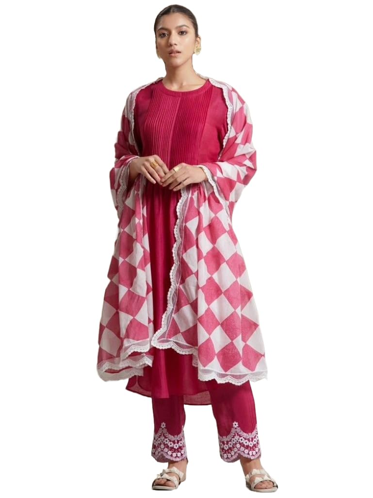 Anni Designer Women'S Cotton Blend Straight Solid Kurta With Pant & Dupatta (Lee Pink_M_Pink_Medium),Pink,M