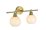 Living District Collier Industrial Mid-Century Modern 2 Light Entryway And Bathroom Wall Sconce In Brass And Frosted White Glass