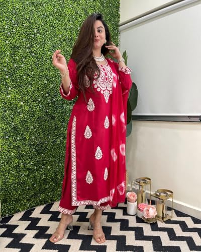 Anni Designer Women'S Rayon Blend Straight Embroidered Kurta With Pant & Dupatta (Sabya Pink_L_Pink_Large),Pink,L,Rayon Blend,Regular,