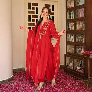 Gosriki Women'S Rayon Blend Straight Embroidered Kurta With Pant & Dupatta (Simmu Red-Gs_S_Red_Small),Red,,B0DK9NF256