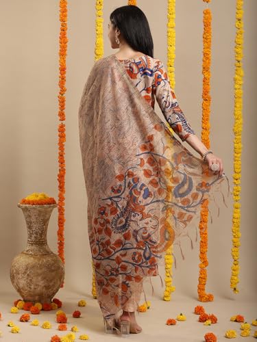 Gosriki Women'S Rayon Blend Printed Straight Kurta With Pant & Dupatta (Kalam Chiku-Vks02-Gs_Xl_Beige_X-Large),Beige,,B0DK9R21XX
