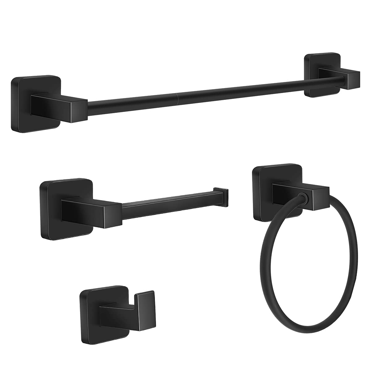 Degulas Bathroom Hardware Set 4 Pieces, Matte Black Towel Bar Set, Includes 24In Towel Bar, Towel Ring, Robe Towel Hooks,Toilet 