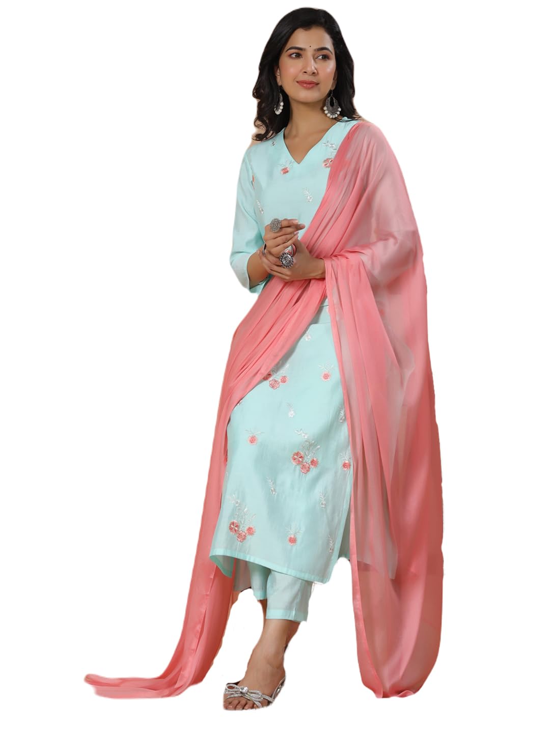 Gosriki Women'S Rayon Blend Embroidered Straight Kurta With Pant & Dupatta (Baad Green-Nw-Gs_Xl_Green_X-Large),Green,,B0CZTYYY4L