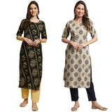 Pinkmint Printed Round Neck Kurta Set for Women ll Kurti & Pant Set for Women ll Regular Fit Kurta Set (Pack of 2)
