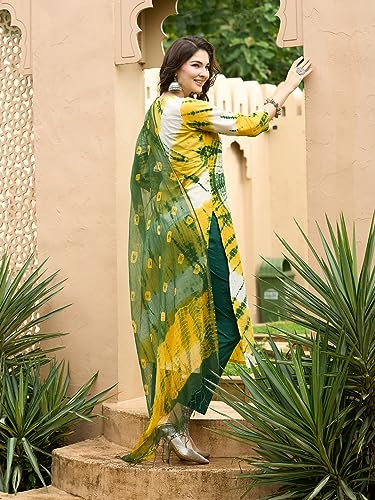 Anni Designer Women'S Cotton Blend Straight Printed Kurta With Pant & Dupatta (Kerul Yellow_M_Yellow_Medium),Yellow,M,Cotton Blend,Regular,Dupatta