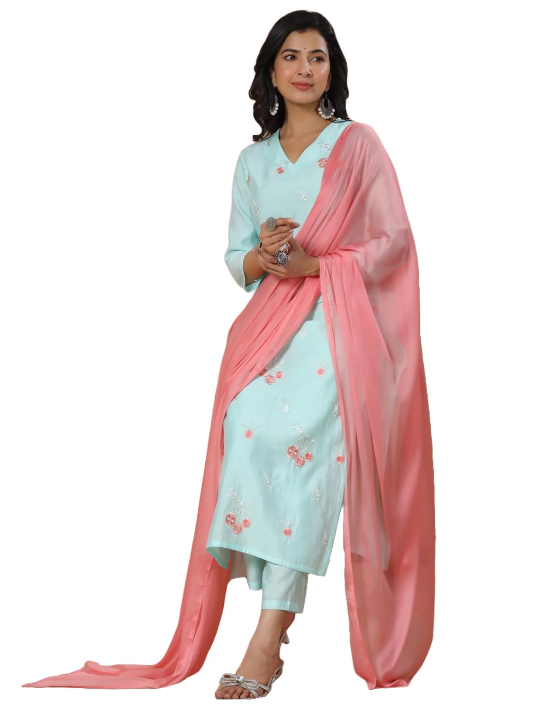 Anni Designer Women'S Rayon Blend Straight Embroidered Kurta With Pant & Dupatta (Baad Green-Vks04_L_Green_Large),Green,L,,,