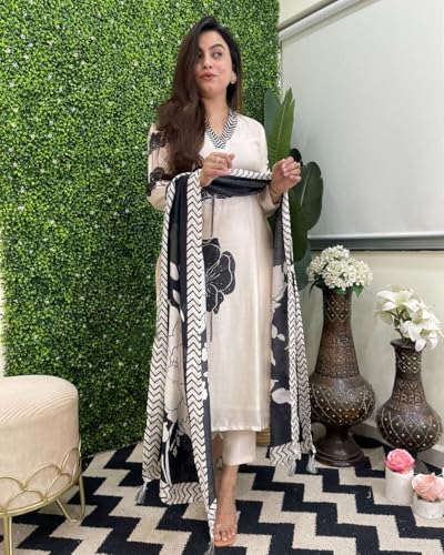 Anni Designer Women'S Cotton Blend Straight Printed Kurta With Pant & Dupatta (Reeka Cream-Nw_S_Cream_Small),Cream,S,Cotton Blend,Regular,