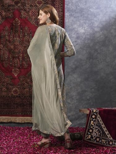 Anni Designer Women'S Rayon Blend Printed Straight Kurta With Pant & Dupatta (Vice Grey-Vks02_Xxl_Grey_Xx-Large),Grey,2XL,Rayon Blend,Regular,