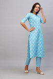 Anni Designer Women'S Cotton Blend Printed Straight Kurta With Pant (Kidya Blue-Nwfb08_S_Blue_Small),Blue,S,Cotton Blend,Regular,kurta
