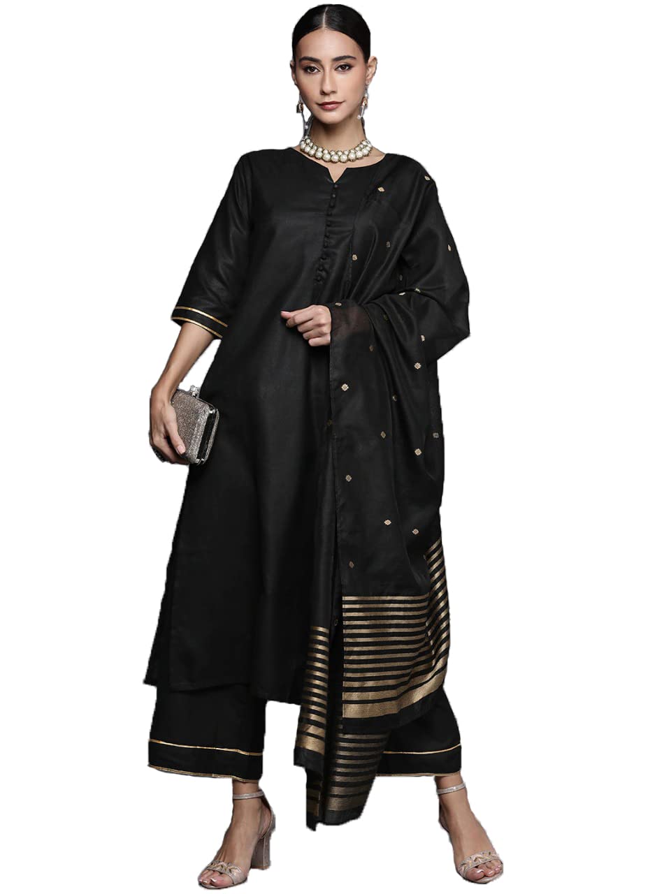 Gosriki Women'S Straight Ruby Cotton Kurta With Palazzo & Dupatta (Game-Hit-Black_S-Go_Black_Small),Black,,B09Q65D9HX