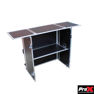 Prox Xs-Djstn Flight Case Style Folding Dj Table And Workstation With Smooth Rolling Wheels
