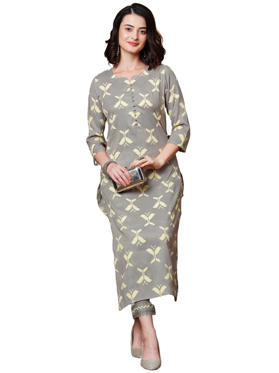 Anni Designer Women'S Cotton Blend Straight Printed Kurta With Pant (Naviba Grey_S_Grey_Small),Grey,S,,,