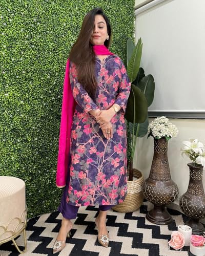 Anni Designer Women'S Cotton Blend Straight Printed Kurta With Pant & Dupatta (Mariyam Blue_Xxl_Blue_Xx-Large),Blue,2XL,Rayon Blend,Regular,