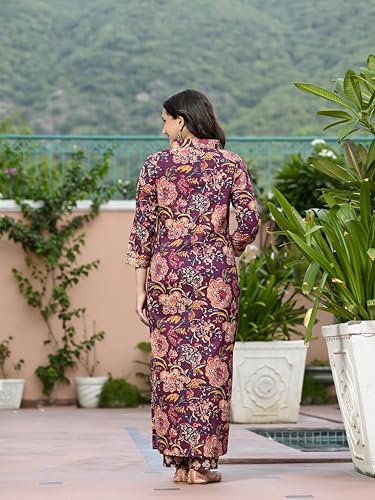Anni Designer Women'S Cotton Blend Straight Printed Kurta With Pant (Kaisen Wine_Xl_Wine_X-Large),Wine,XL,Rayon Blend,Regular,Kurta