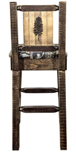 Montana Woodworks Homestead Collection Barstool With Upholstered Seat, Woodland Pattern, Laser Engraved Pine Tree Design, Staine