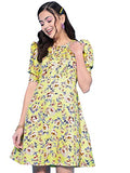 Oomph! Women'S Western & Fusion Wear Below Knee Shift Yellow Dress In Crepe Fabric With Round Neck And Puff Sleeves - Md621M
