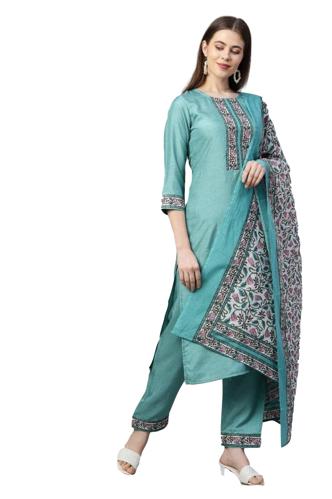 Gosriki Women'S Silk Blend Straight Kurta With Pant & Dupatta (Deal-Sea-Green_L-Go_Green_Large),Green,,B09NRM9V61