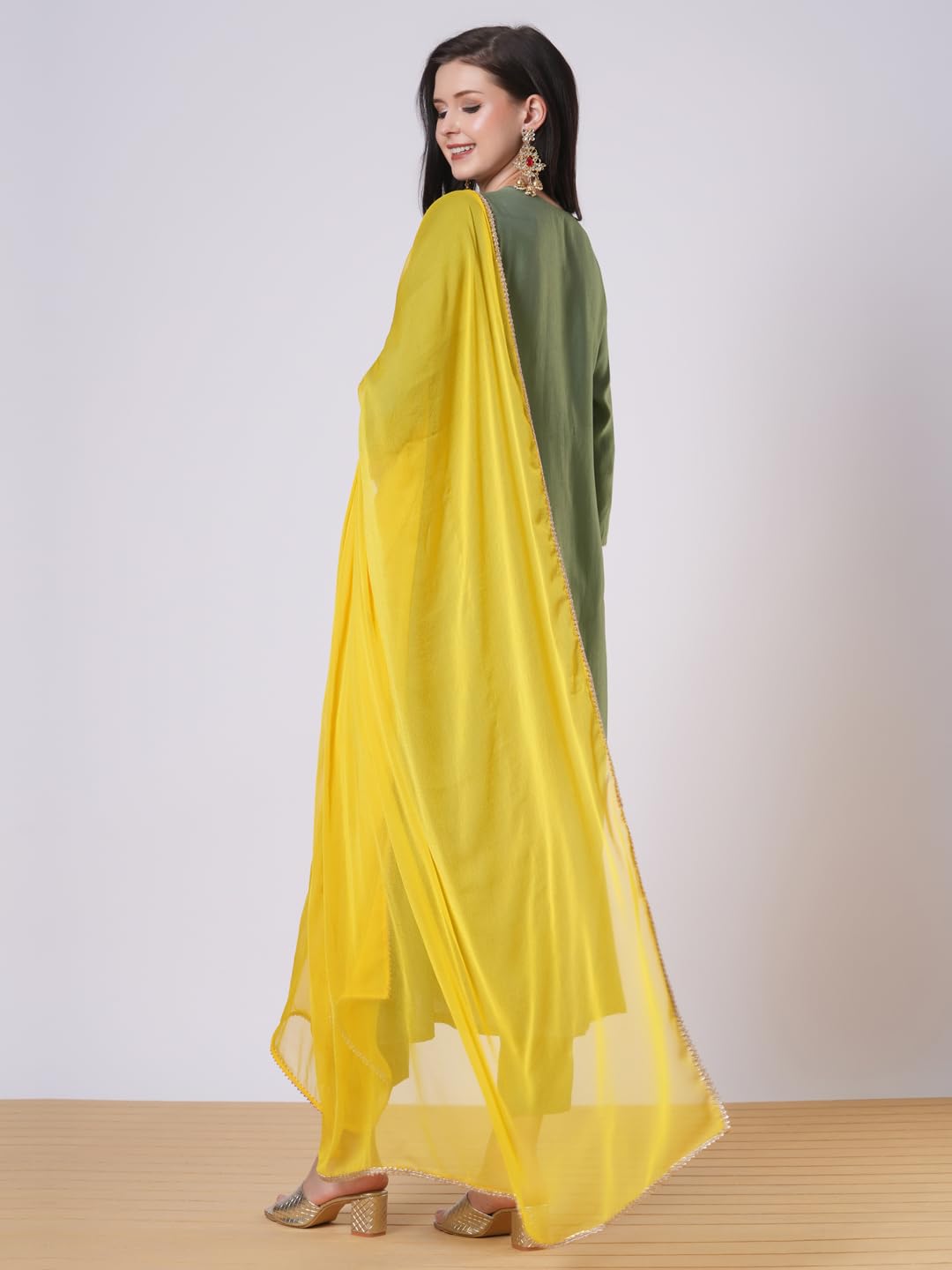 Anni Designer Women'S Rayon Viscose Anarkali Embroidered Kurta With Pant & Dupatta (Padari Green_S_Green_Small),Green,S,Rayon,Anarkali,