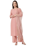 Shopping Queen Women's Silk Blend Chikankari Embroidery Kurta set with Dupatta (A448_Peach_L)