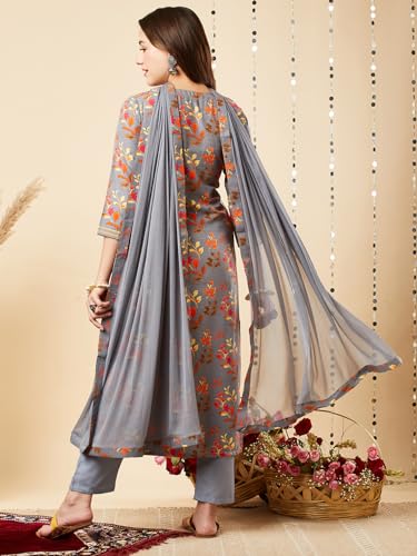Anni Designer Women'S Cotton Blend Printed Straight Kurta And Pant With Dupatta Set (Kaleping-Grey_Xl_Grey_X-Large),Grey,XL,Cotton Blend,Regular,Dupatta