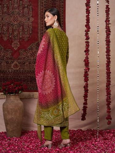 Anni Designer Women'S Rayon Viscose Printed Straight Kurta With Pant & Dupatta (Subhi Mehandi-Vks04_M_Mehandi_Medium),Mehandi,M,Rayon,Regular,
