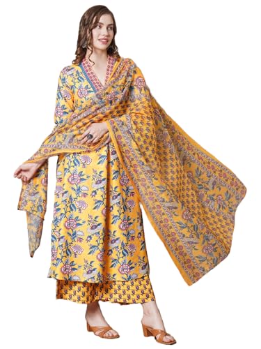 Anni Designer Women'S Rayon Blend Anarkali Printed Kurta With Palazzo & Dupatta (Cia Yellow-Vks03_L_Yellow_Large),Yellow,L