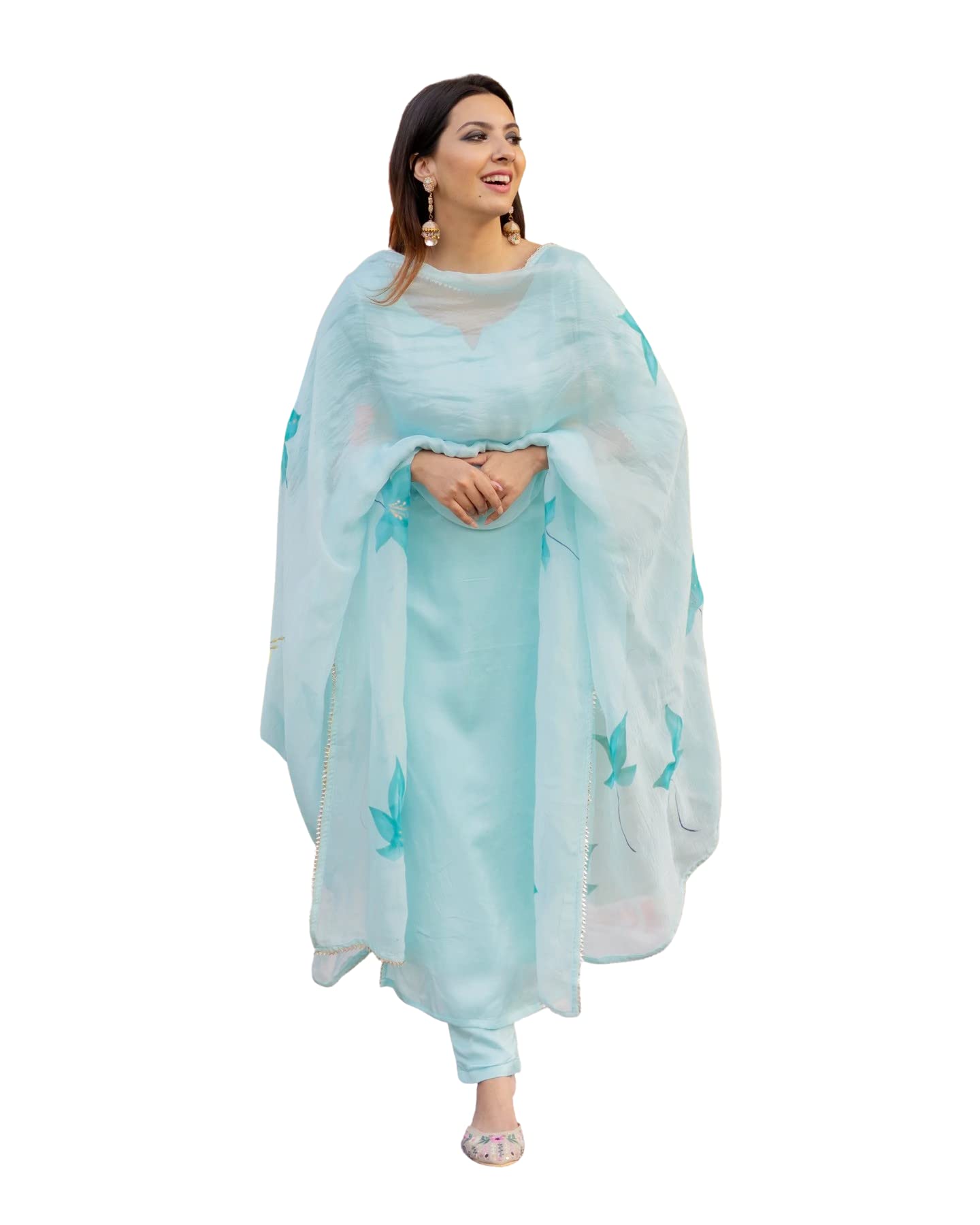 Anni Designer Women'S Cotton Blend Straight Solid Kurta With Pant & Dupatta (Resoti Blue_Xxl_Blue_Xx-Large),Blue,2XL