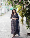 Anni Designer Women'S Rayon Blend Anarkali Printed Kurta With Pant & Dupatta (Tugunta Blue_M_Blue_Medium),Blue,M,Rayon Blend,Anarkali,