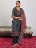 Libas Womens Printed Silk Blend Straight Kurta With Trousers And Dupatta Blue Xl 49137