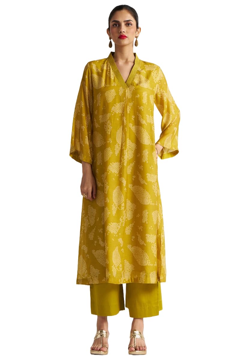 Gosriki Women'S Rayon Blend Anarkali Printed Kurta With Palazzo (Sepia Mustard-Gs_M_Yellow_Medium),Yellow,,B0DJWJ1KGS