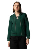 Fyltr Women'S Drop Shoulder Hoodie With Lace Up Neck Detailing & Contrast Drawcord,Enchanted Evergreen,Enchanted Evergreen,S