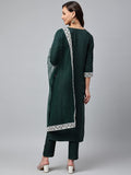 Anni Designer Women'S Cotton Blend Straight Embroidered Kurta With Pant & Dupatta (Tistha Green_L_Green_Large),Green,L,Cotton Blend,Straight,