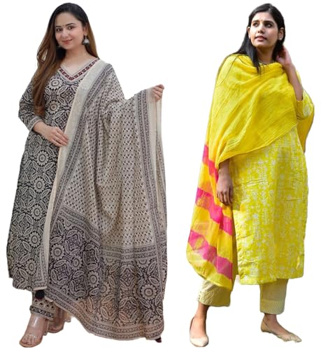 Anni Designer Women'S Cotton Blend Printed Straight Kurta With Pant & Dupatta Pack Of 2 (Combo-Nihira Cream-Bagru-Yellow_Xxl_Multi_Xx-Large),Multicolour,2XL