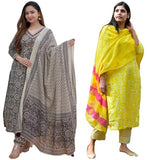 Anni Designer Women'S Cotton Blend Printed Straight Kurta With Pant & Dupatta Pack Of 2 (Combo-Nihira Cream-Bagru-Yellow_Xxl_Multi_Xx-Large),Multicolour,2XL
