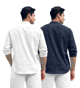 Royalscout Combo Of Men'S Solid Cotton Blend Full Sleeve Straight Kurta Shirt (Pack Of 2) White-Navy White-Navy M