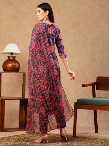Anni Designer Women'S Cotton Blend Straight Printed Kurta With Pant & Dupatta (Fataki Purple_M_Purple_Medium),Purple,M,Cotton Blend,Straight,Kurta, Scarf