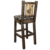 Montana Woodworks Homestead Collection Barstool With Upholstered Seat, Woodland Pattern, Laser Engraved Wolf Design, Stained & L