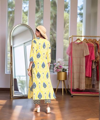 Anni Designer Women'S Rayon Viscose Straight Printed Kurta With Pant (Bechari Yellow_M_Yellow_Medium),Yellow,M,Rayon Blend,Classic,