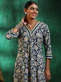 Libas Womens Printed Cotton Straight Kurta With Trousers Blue M 48992