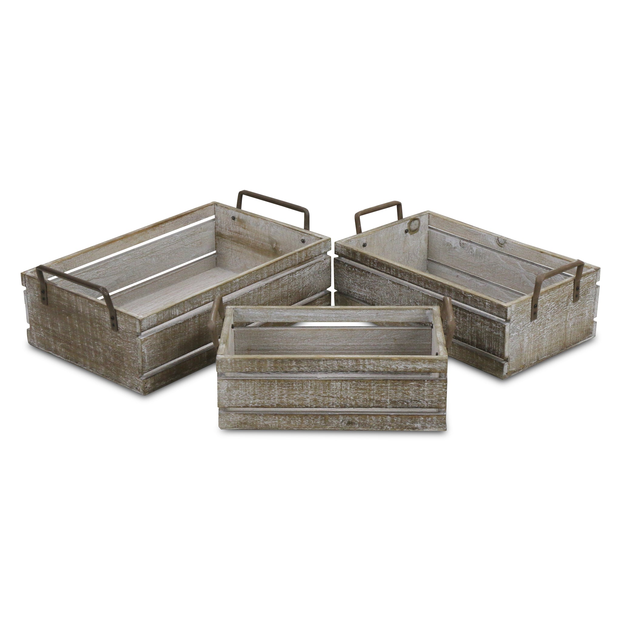Selma Set Of 3 Brown Wood Grain Slatted Rectangular Small Crate With Side Handles