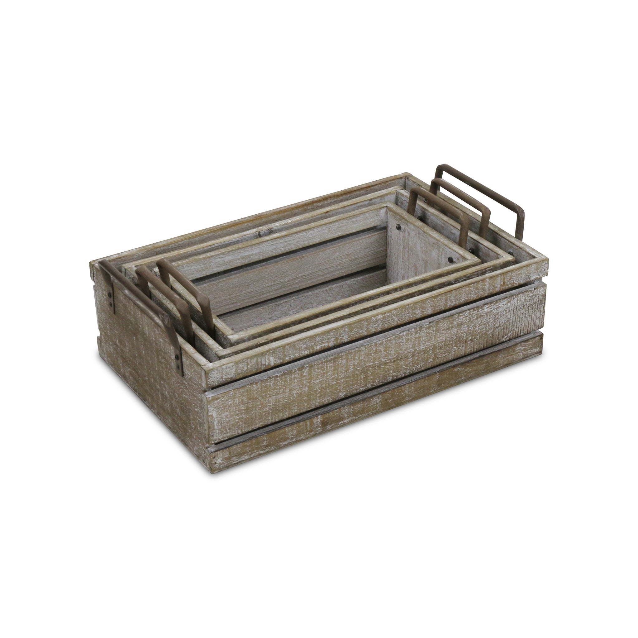 Selma Set Of 3 Brown Wood Grain Slatted Rectangular Small Crate With Side Handles