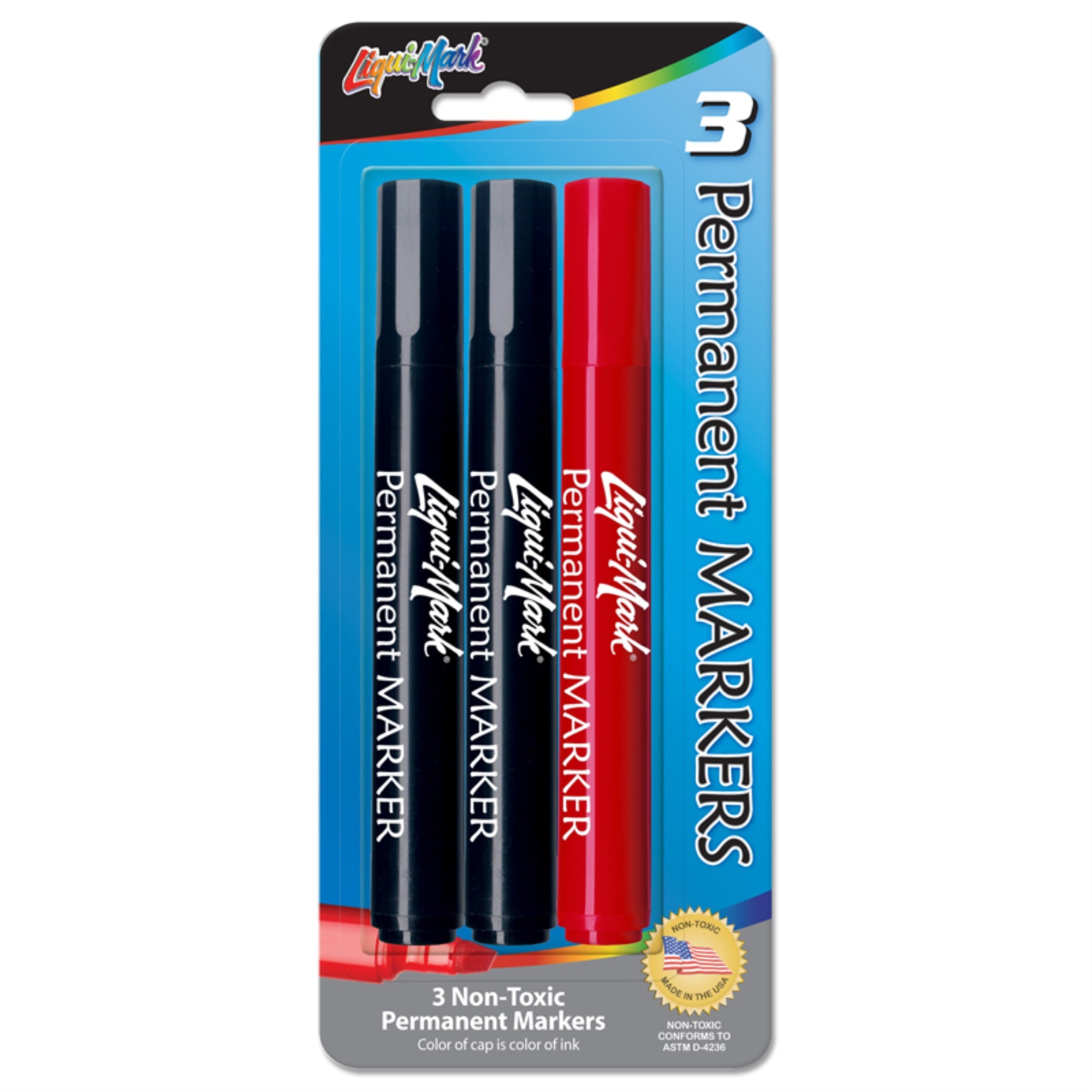 3Pk Chisel Tip Permanent Ink Broadline Markers, Non-Toxic - Assorted Colors Usa Made