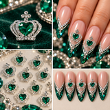 Queen - Nail Charms 10pc - #130 Silver Dark Green Heart Crowns