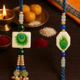 Premium Designer White Peacock Resin Rakhi Set of 2 with Roli Chawal for Bhaiya Bhabhi – Traditional Lumba Set, Thread Rakhi with Stones – Ideal Raksha Bandhan Gift