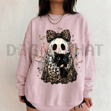 Spooky Leopard Feline Phantom Crewneck - Cute Ghost Cat Pattern Halloween Fleece Pullover Sweatshirt
