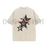 Holafish Celestial Cheetah Acid Wash Tee - Subtle Glitter Leopard Star Crew Neck Streetwear Shirt